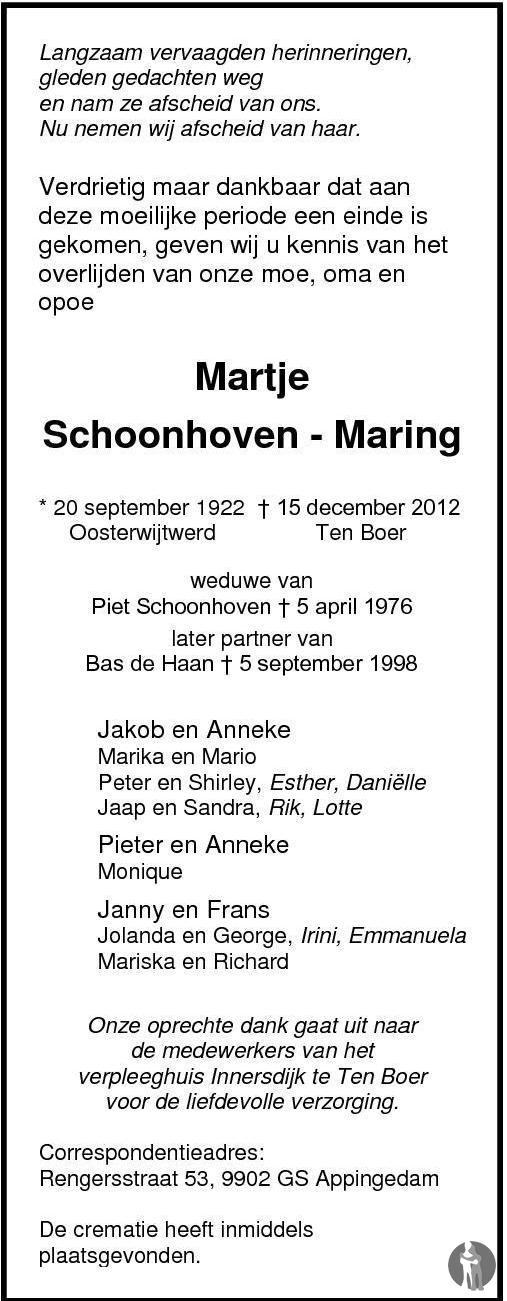 overlijdensadvertentie martje schoonhoven-maring on 15 Dec 2012.
